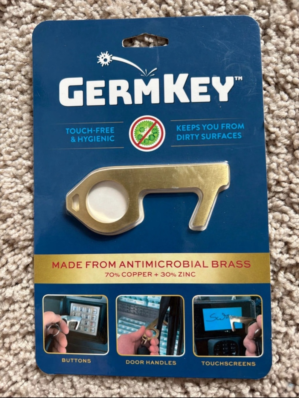 New Germkey Antimicrobial Brass Touch-Free Key - Gold